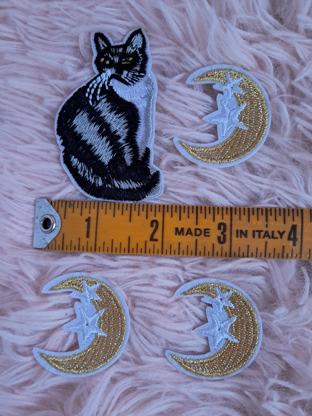 Black & White Cat with Gold Crescent Moon & Stars Embroidered Patches Set Of 4! - Picture 2 of 4